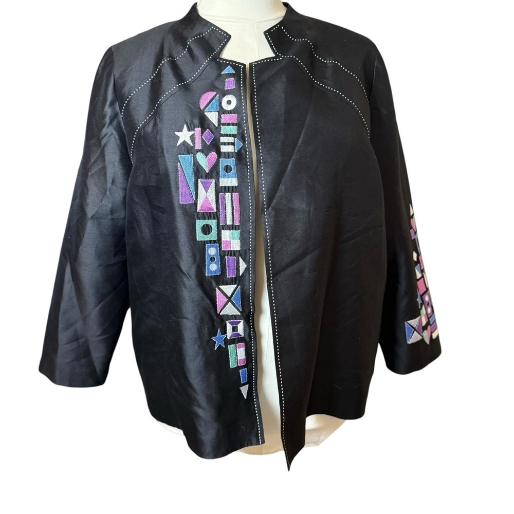Bob Mackie Silk Open Jacket 2X Wearable‎ Art Black Embroidered Artsy Abstract